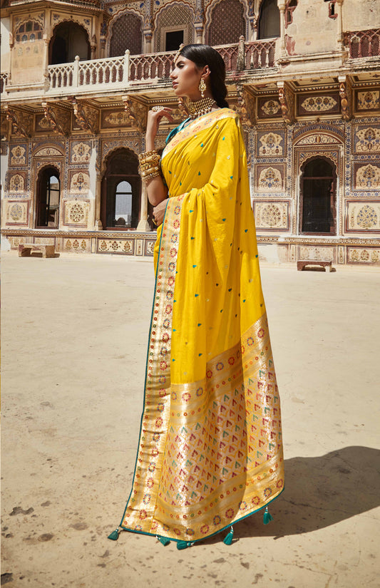 Bright Yellow Silk Saree With Designer Blouse