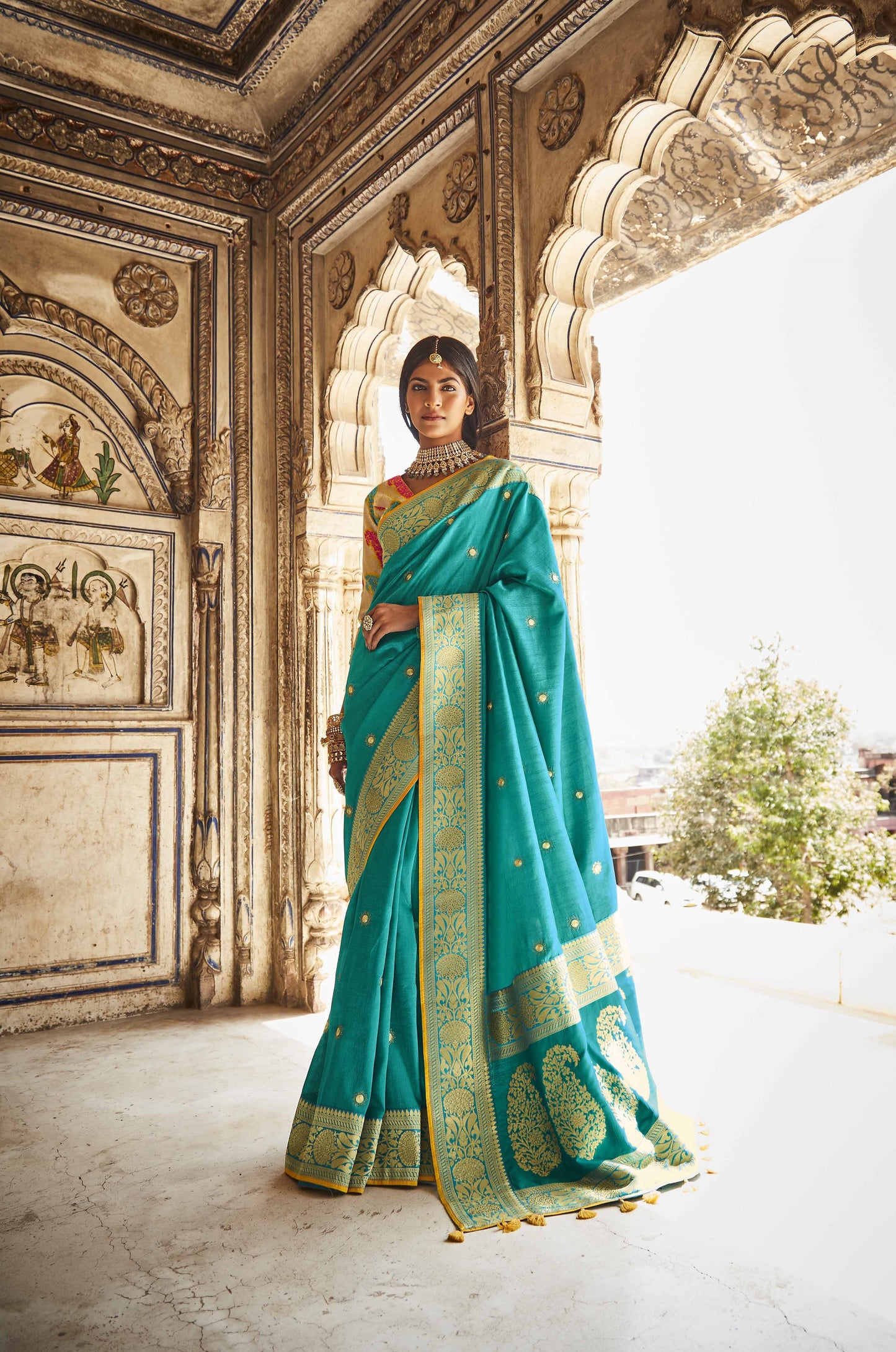 Firozi Blue Silk Saree With Designer Blouse