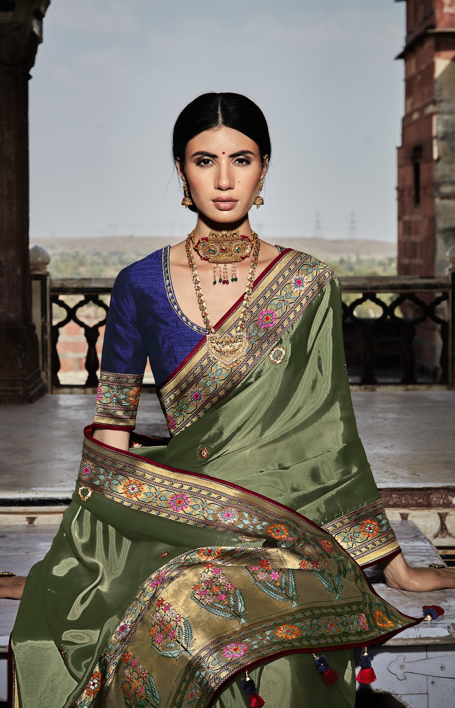 Basil Green Banarasi Silk Saree With Designer Blouse