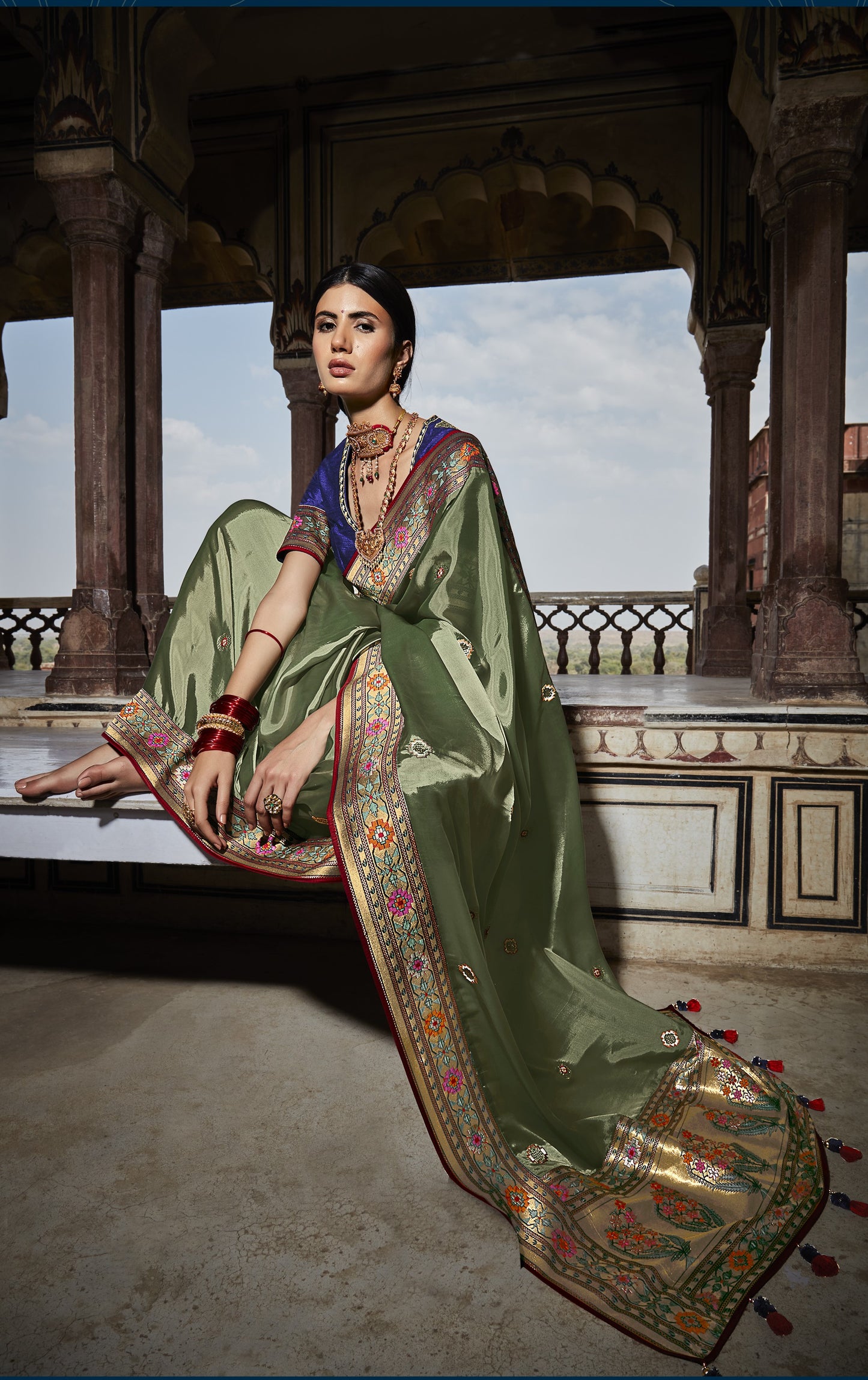 Basil Green Banarasi Silk Saree With Designer Blouse