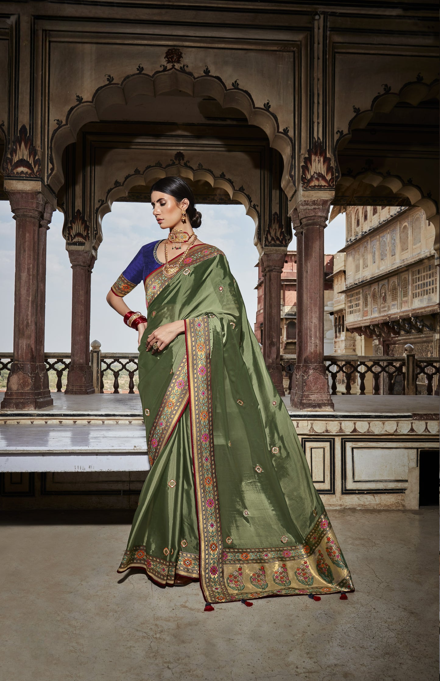 Basil Green Banarasi Silk Saree With Designer Blouse