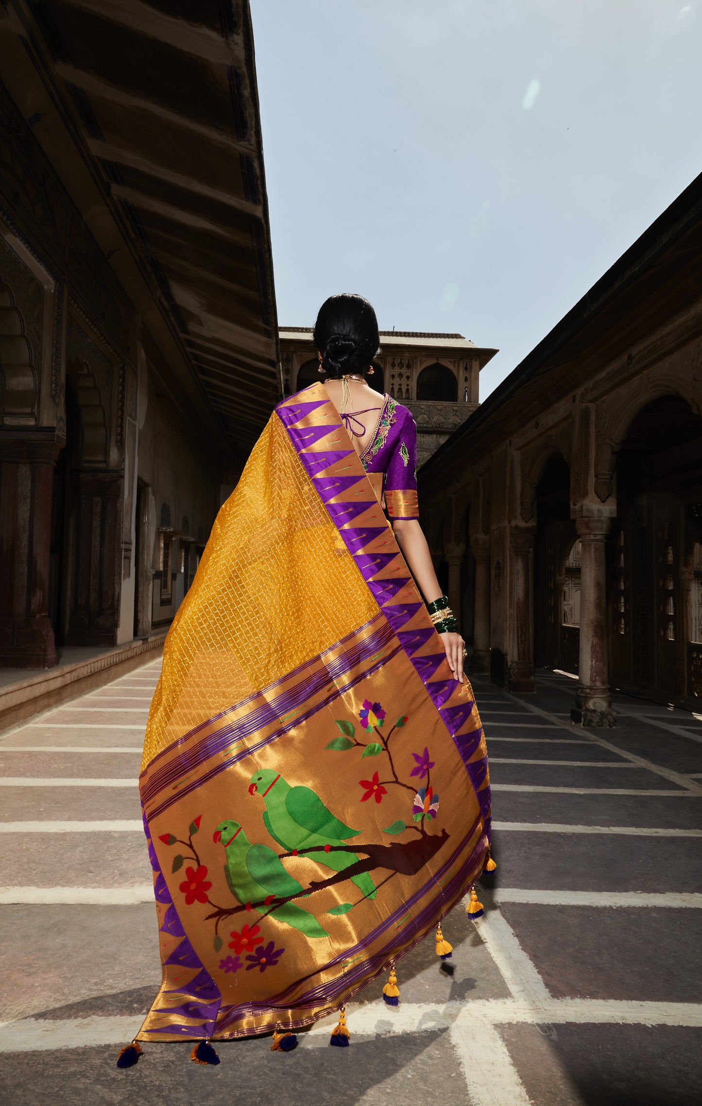 Shimmer Yellow Paithani Silk Saree With Designer Blouse