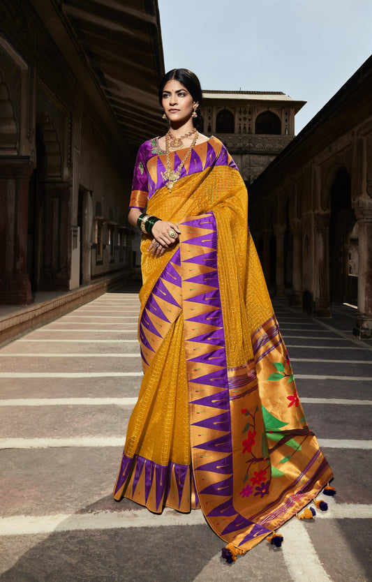 Shimmer Yellow Paithani Silk Saree With Designer Blouse