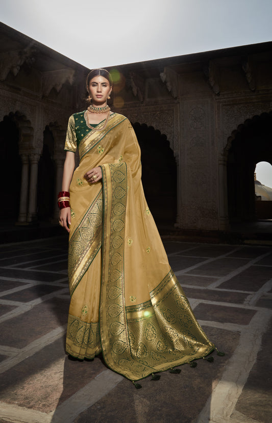 Buff Shimmer Silk Saree With Designer Blouse