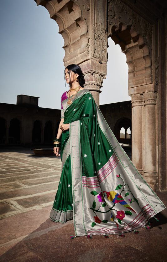 Forest Green Paithani Saree With Designer Blouse