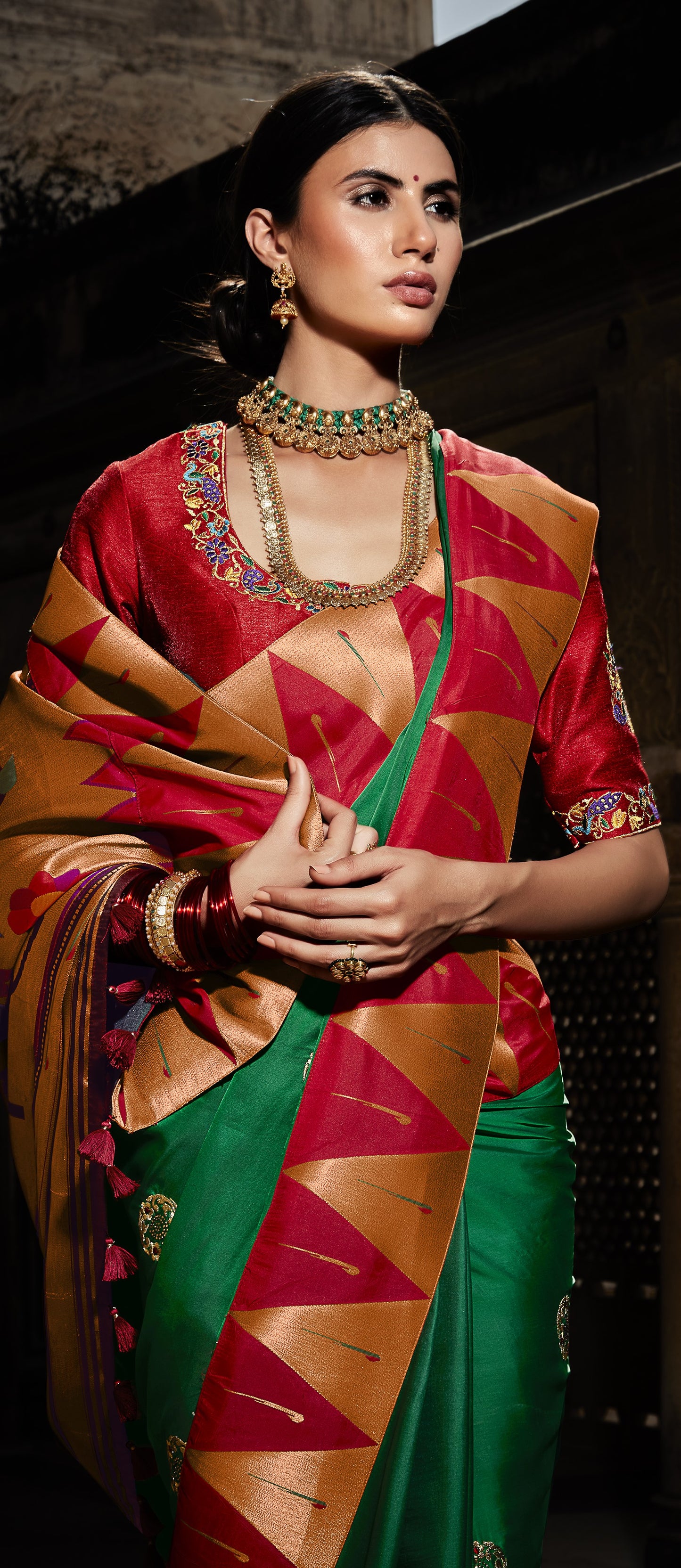 Green & Red Paithani Saree With Designer Blouse