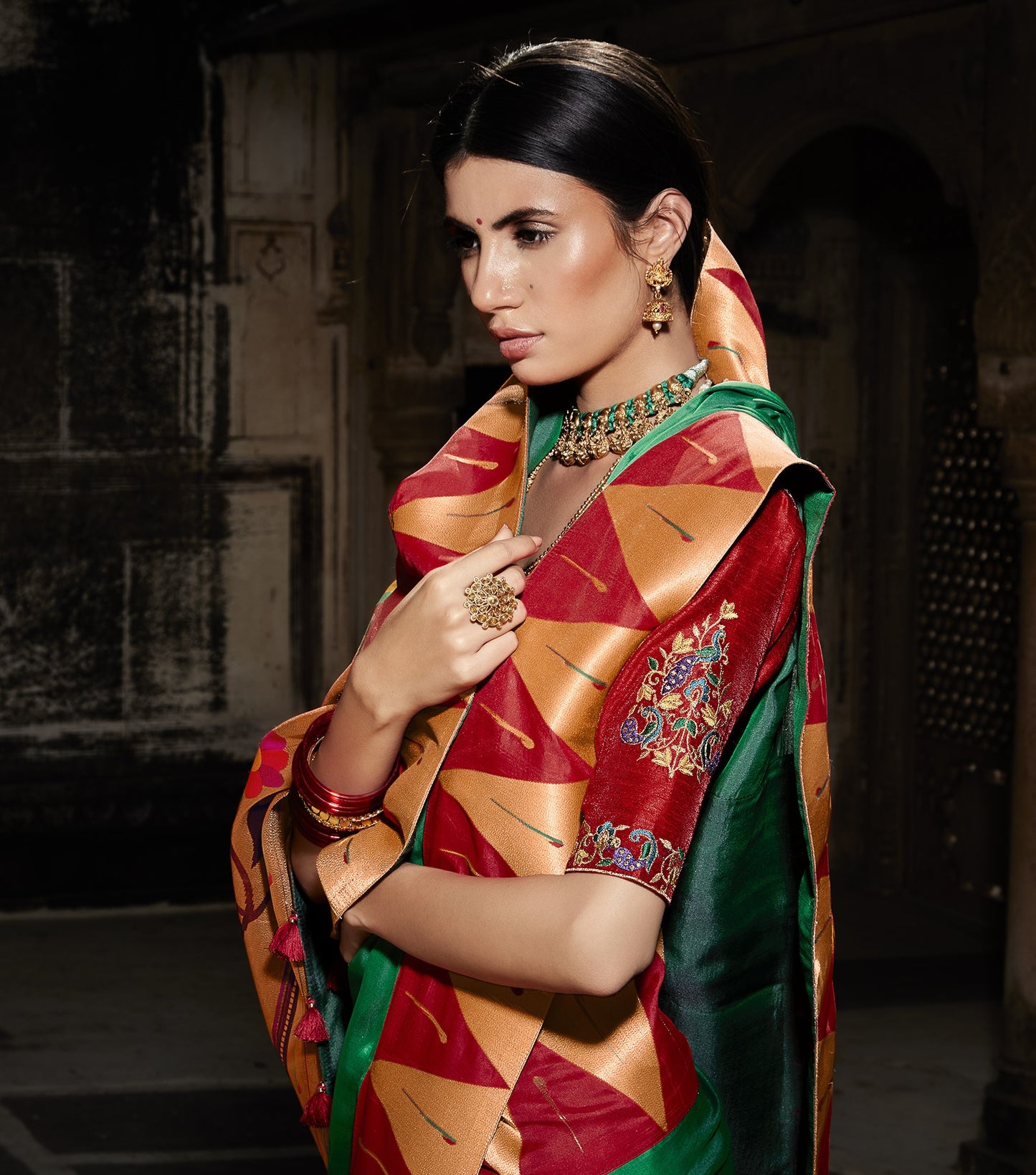 Green & Red Paithani Saree With Designer Blouse