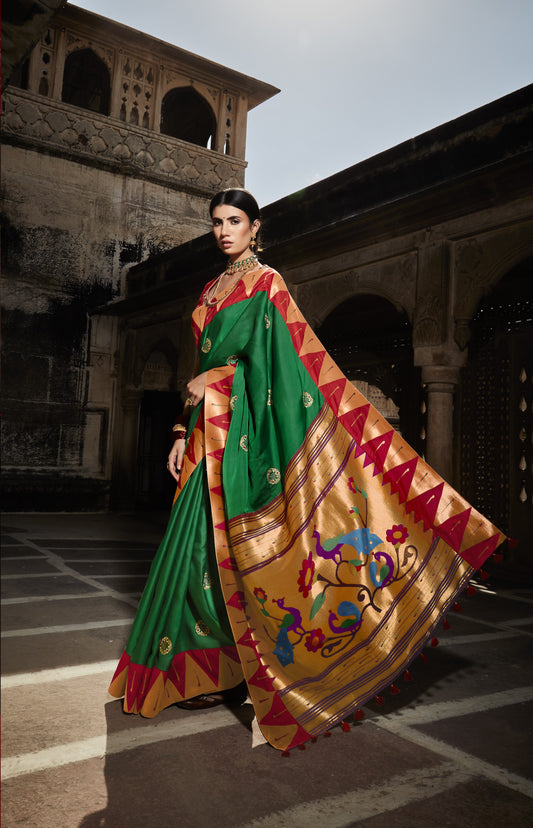 Green & Red Paithani Saree With Designer Blouse