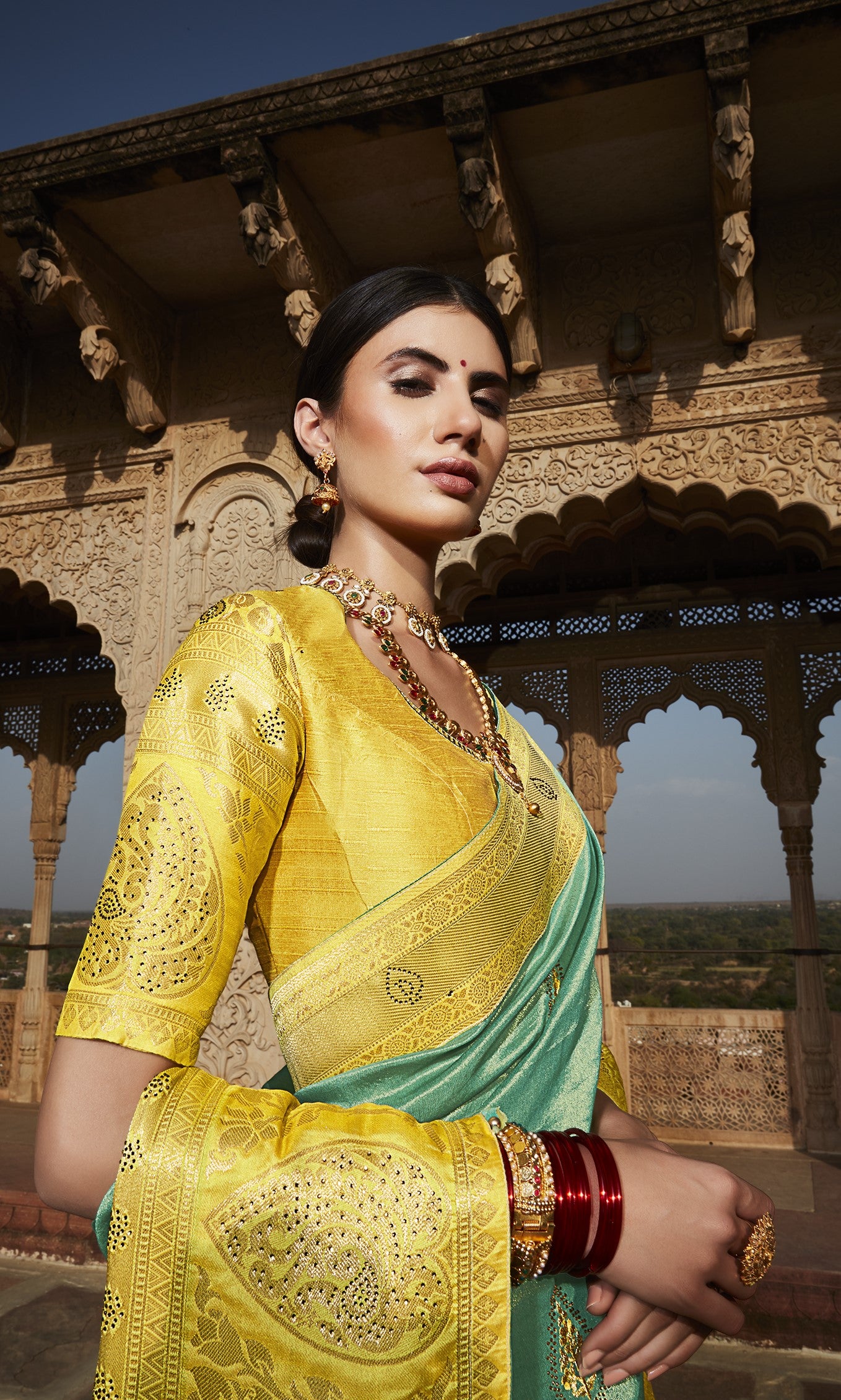 Bright Yellow & Green Silk Saree With Designer Blouse