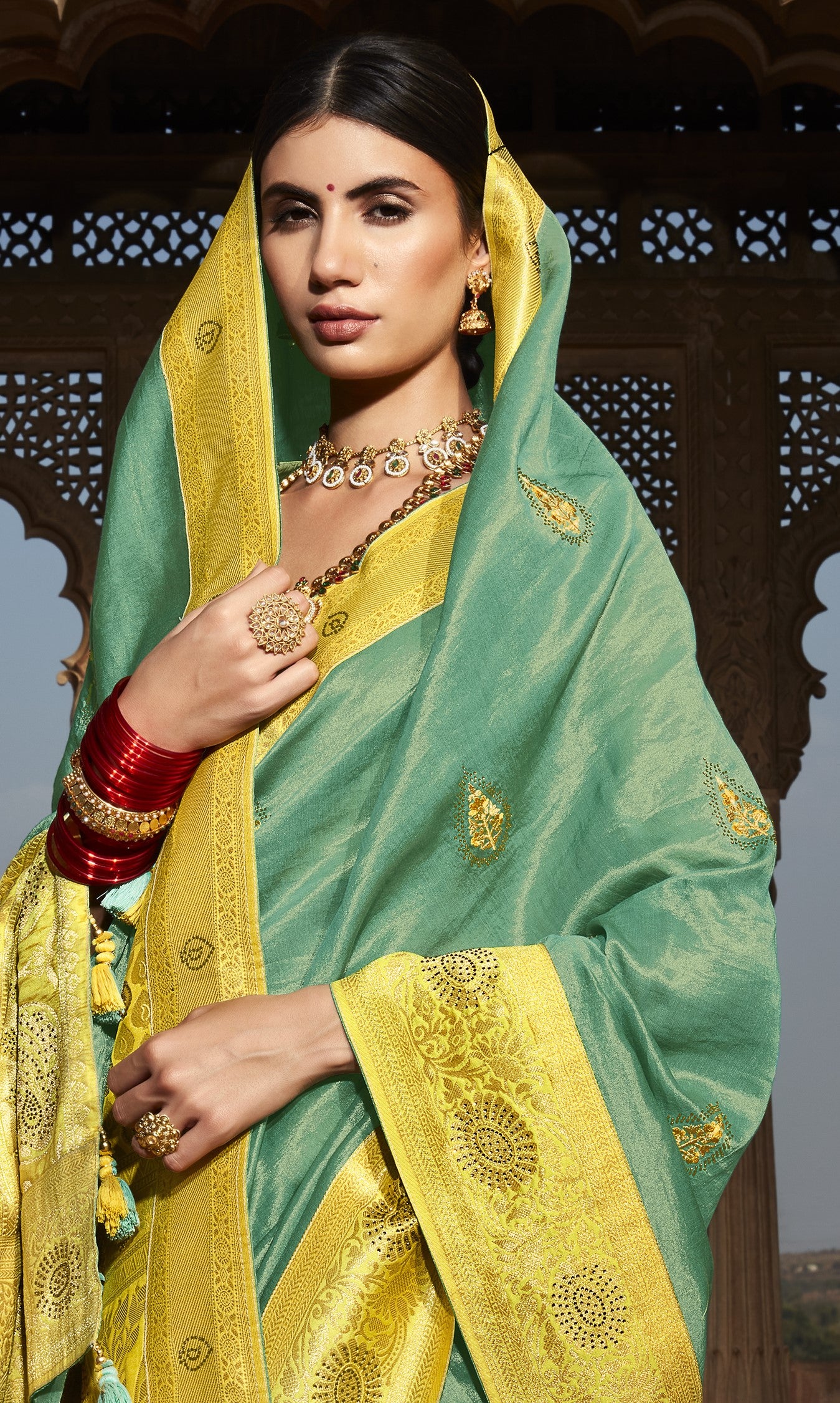 Bright Yellow & Green Silk Saree With Designer Blouse