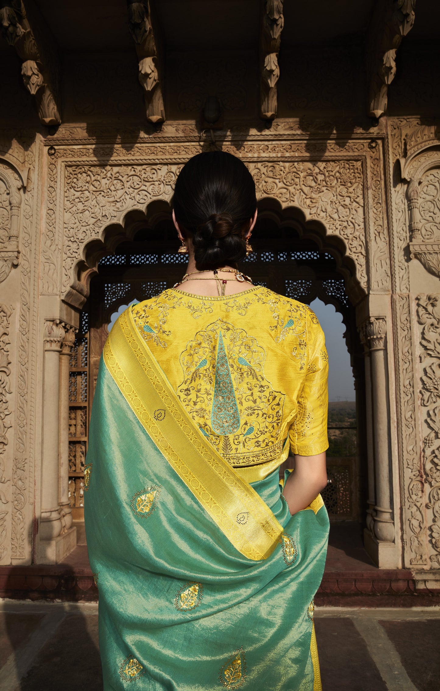 Bright Yellow & Green Silk Saree With Designer Blouse