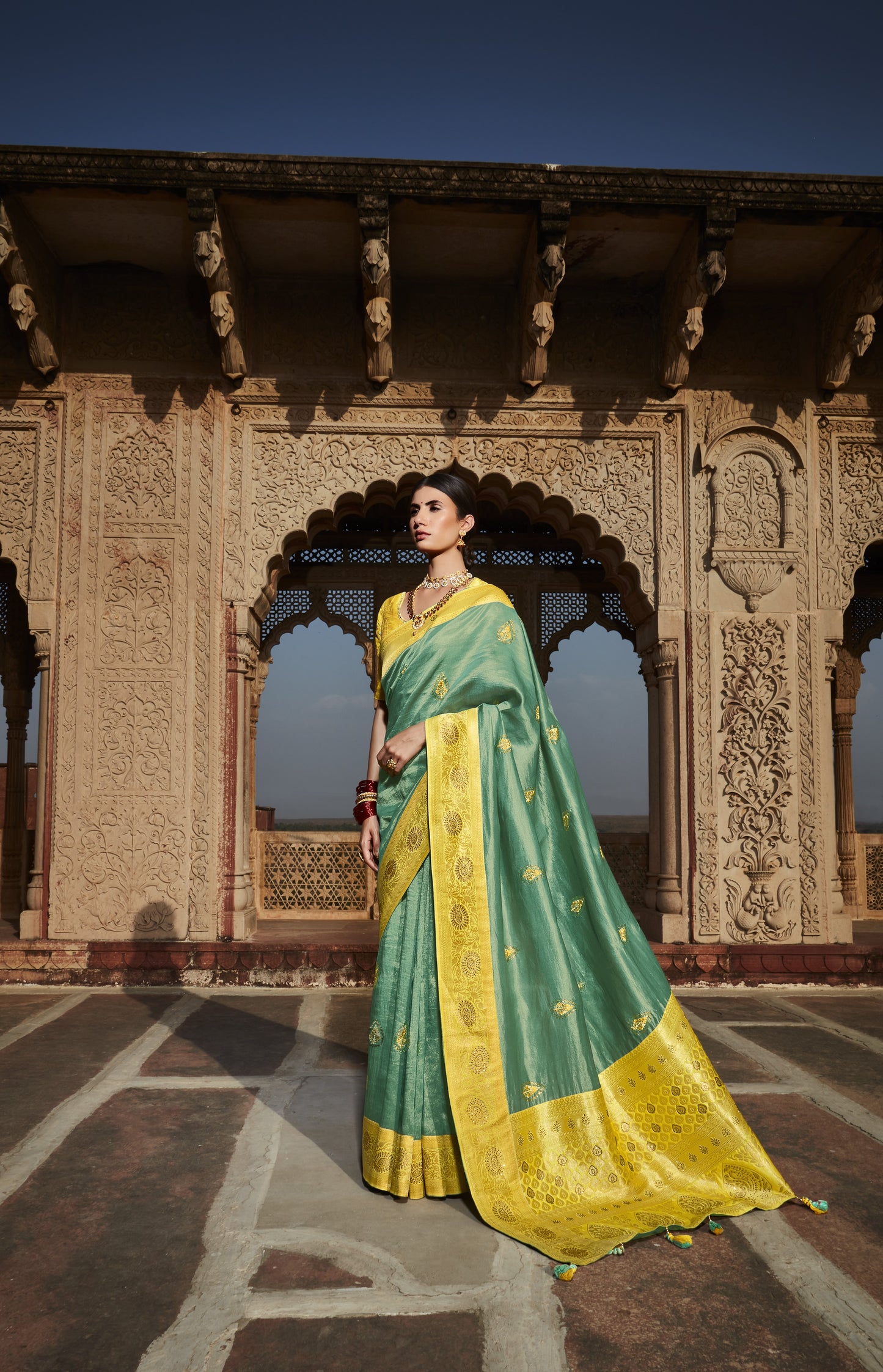 Bright Yellow & Green Silk Saree With Designer Blouse