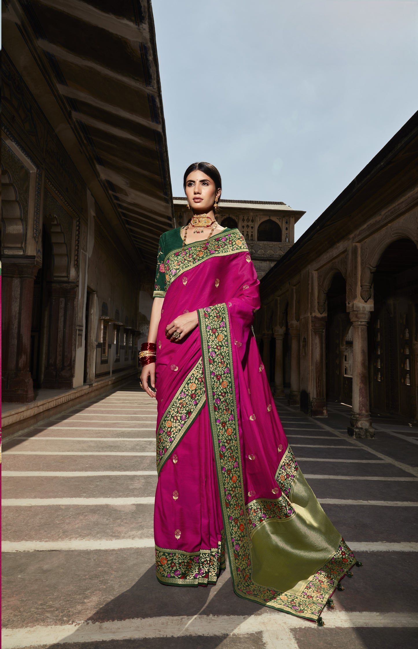 Rani Pink Silk Saree With Designer Blouse