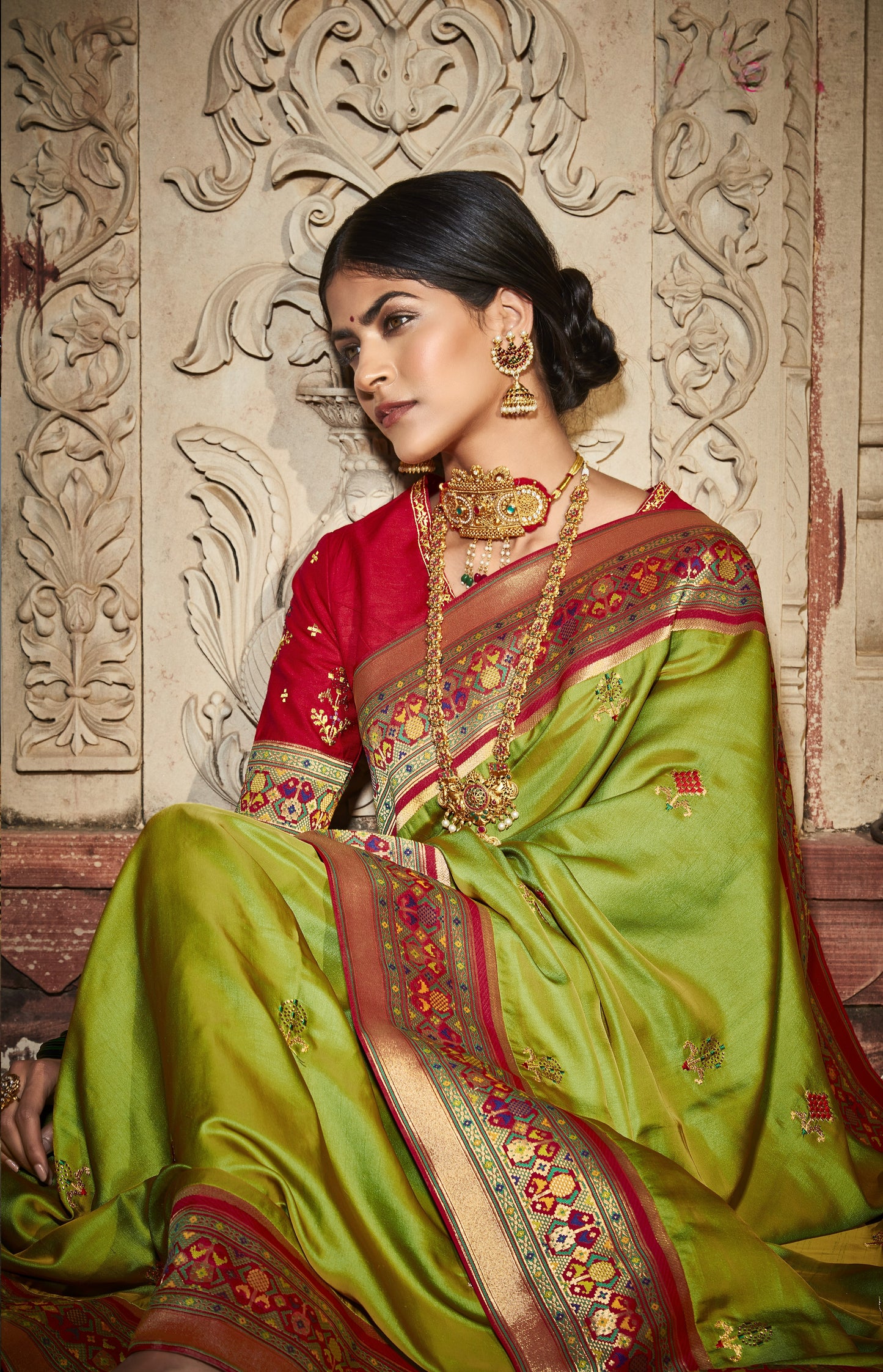 Sapling Green Silk Saree With Designer Blouse