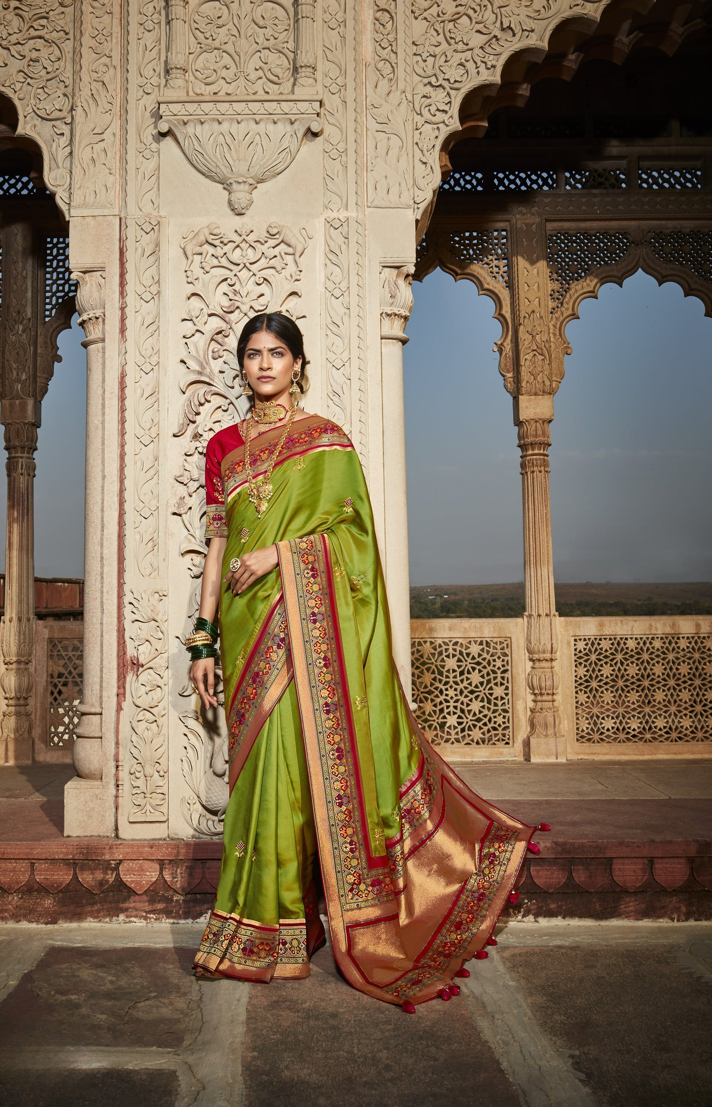 Sapling Green Silk Saree With Designer Blouse