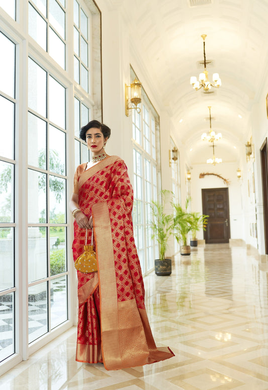 Hot Red Weaved Patola Silk Saree