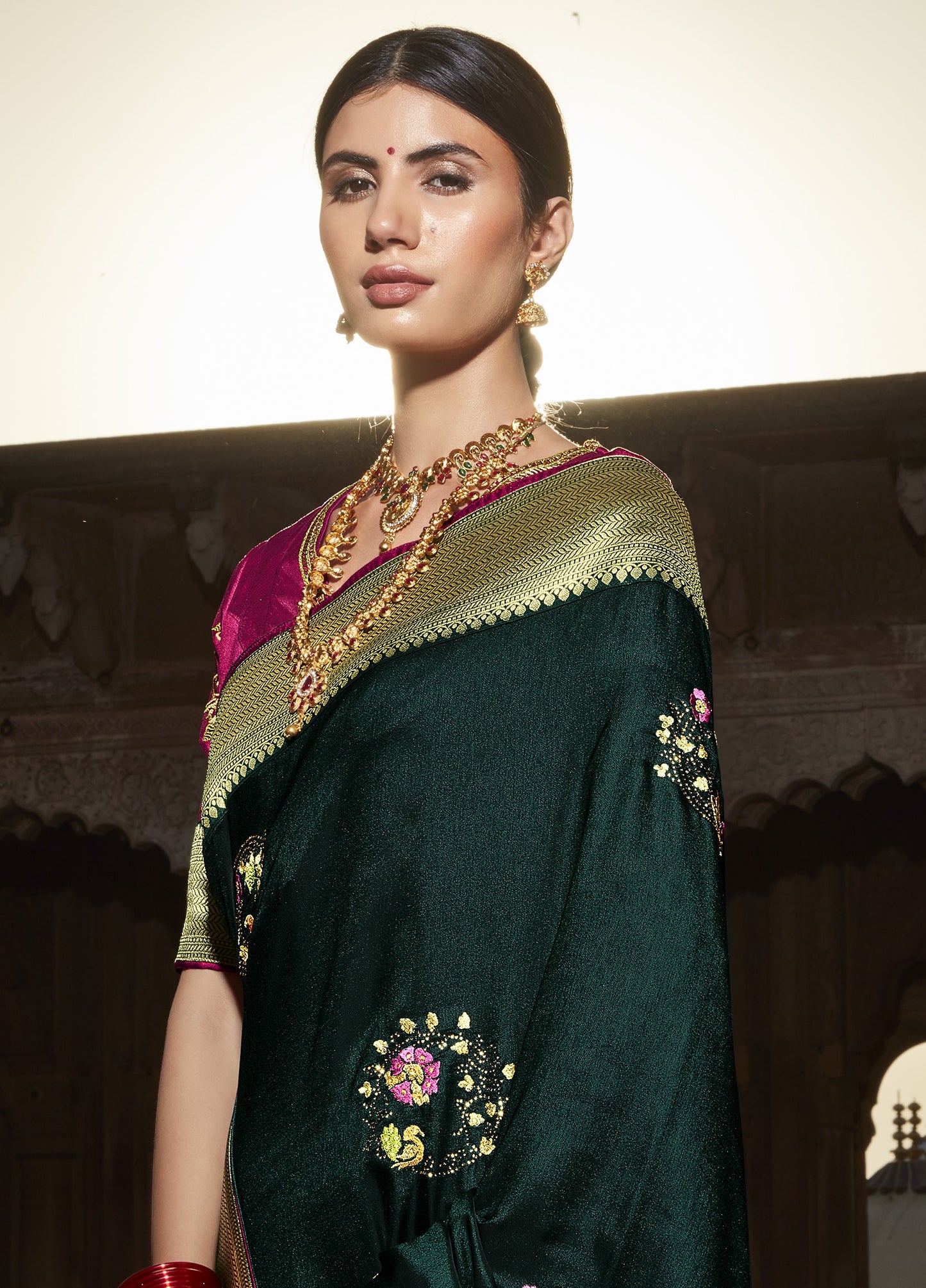 Seaweed Green Silk Saree With Designer Blouse