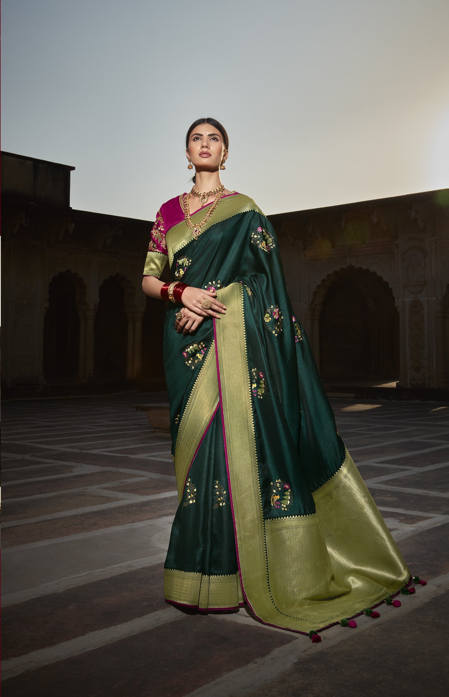 Seaweed Green Silk Saree With Designer Blouse