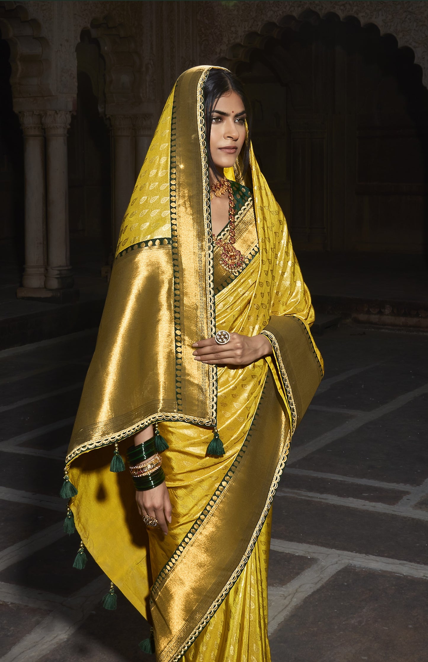 Golden Yellow Silk Saree With Designer Blouse