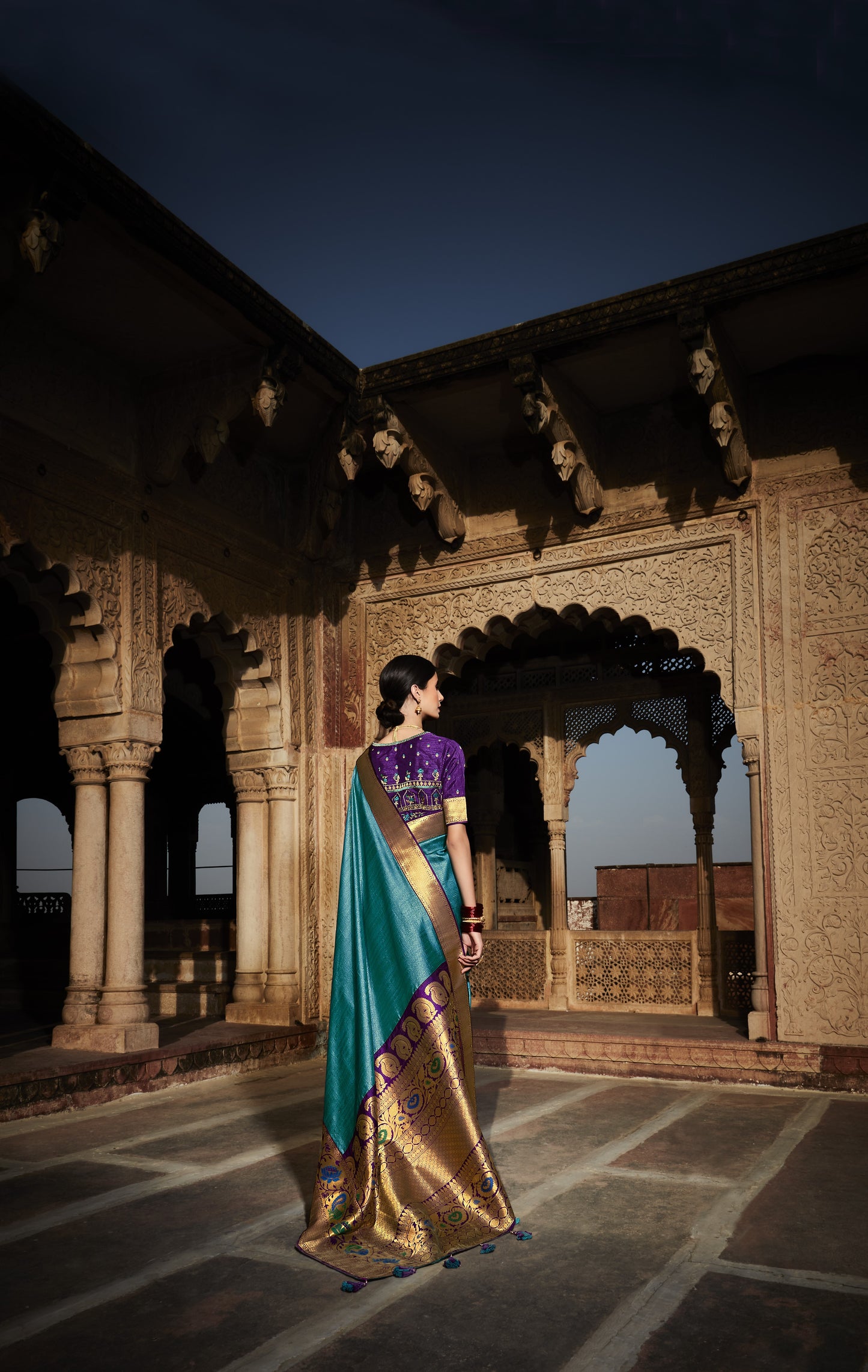 Cerulean Blue Silk Saree With Designer Blouse