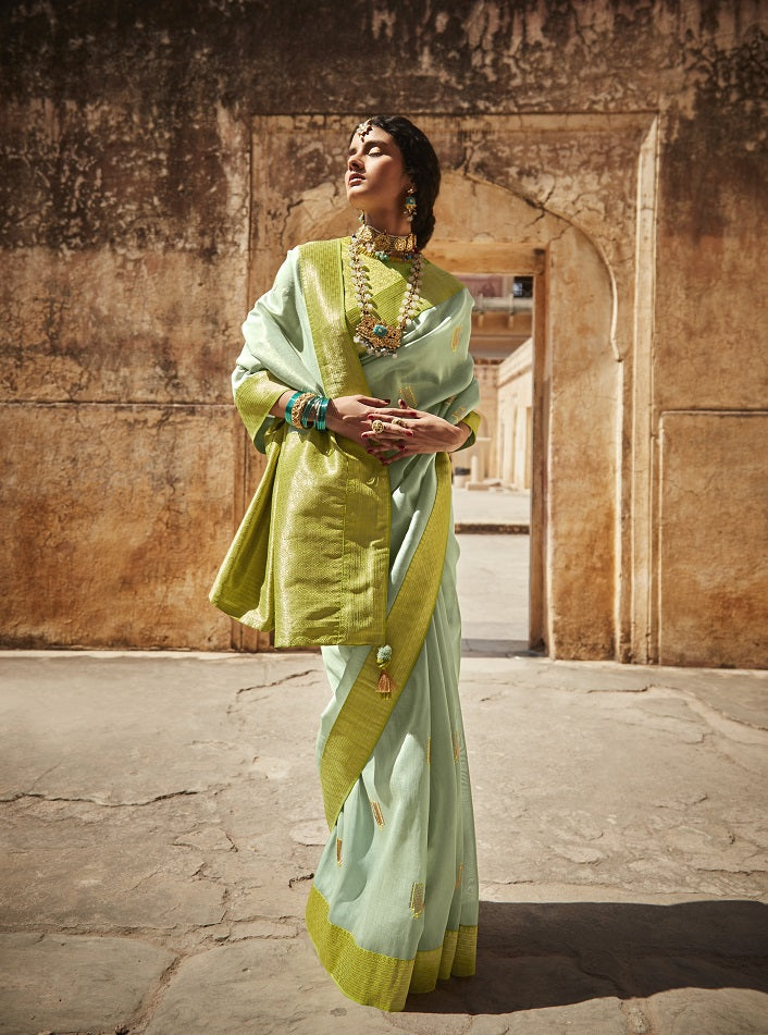 Mint Green Banarasi Silk Saree With Designer Blouse