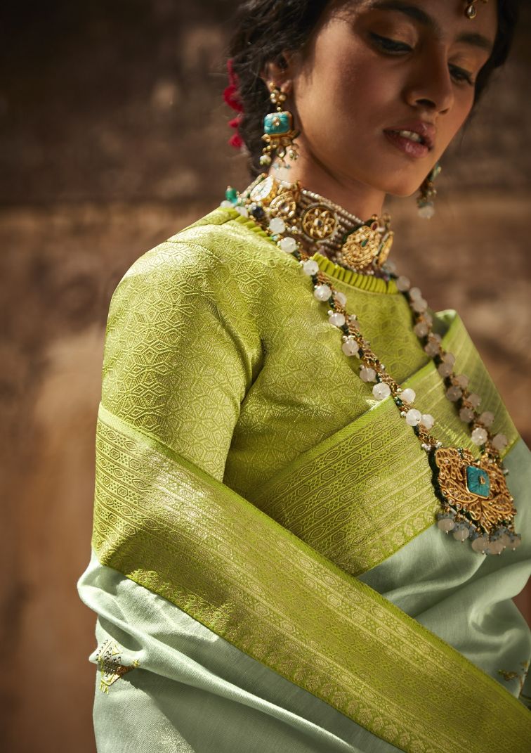 Mint Green Banarasi Silk Saree With Designer Blouse