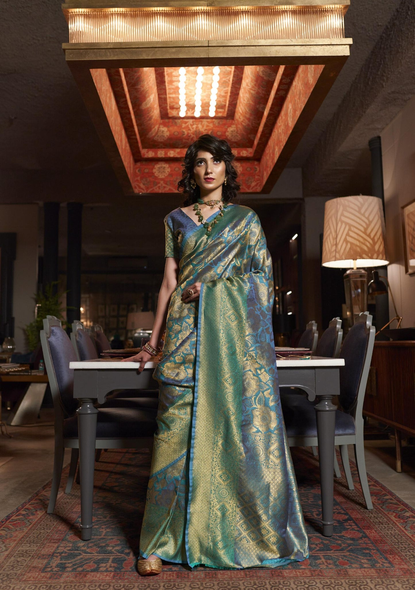 Greenish Blue Dual Shade Kanjivaram Silk Saree