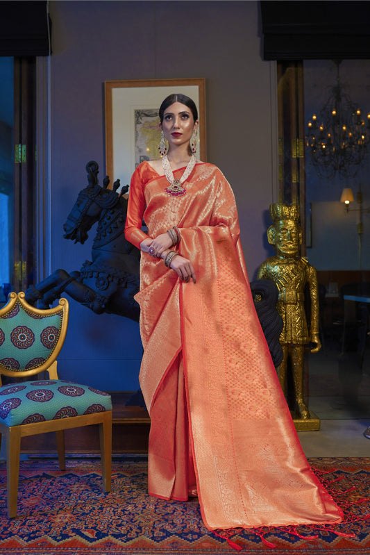 Golden Red Kanjivaram Silk Saree