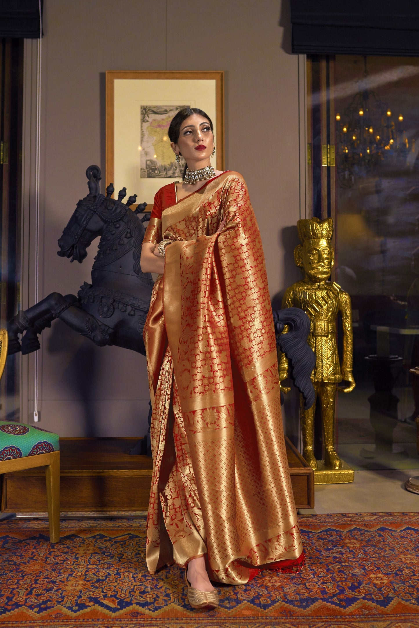 Golden Red Kanjivaram Silk Saree