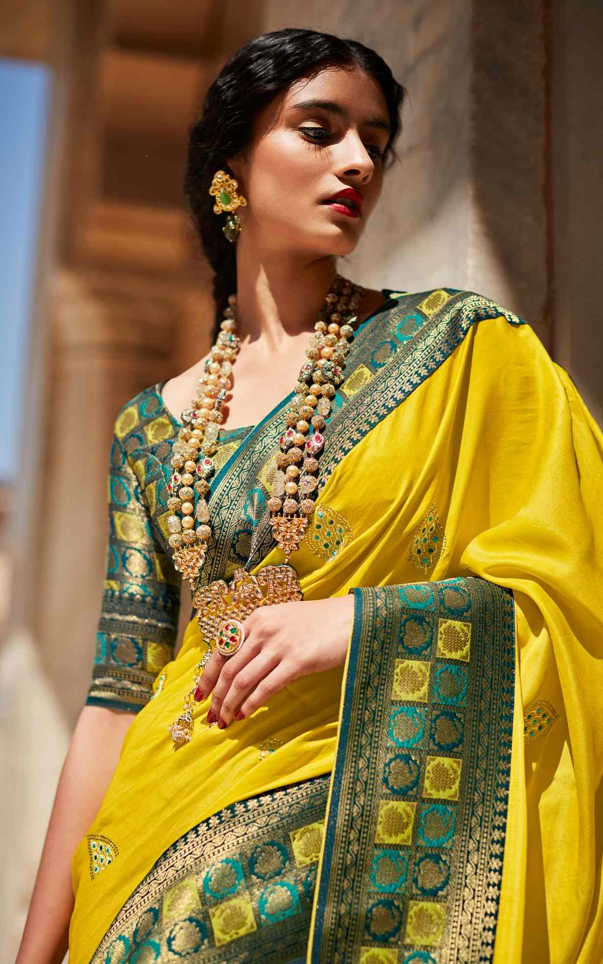 Plain yellow saree outlet with designer blouse