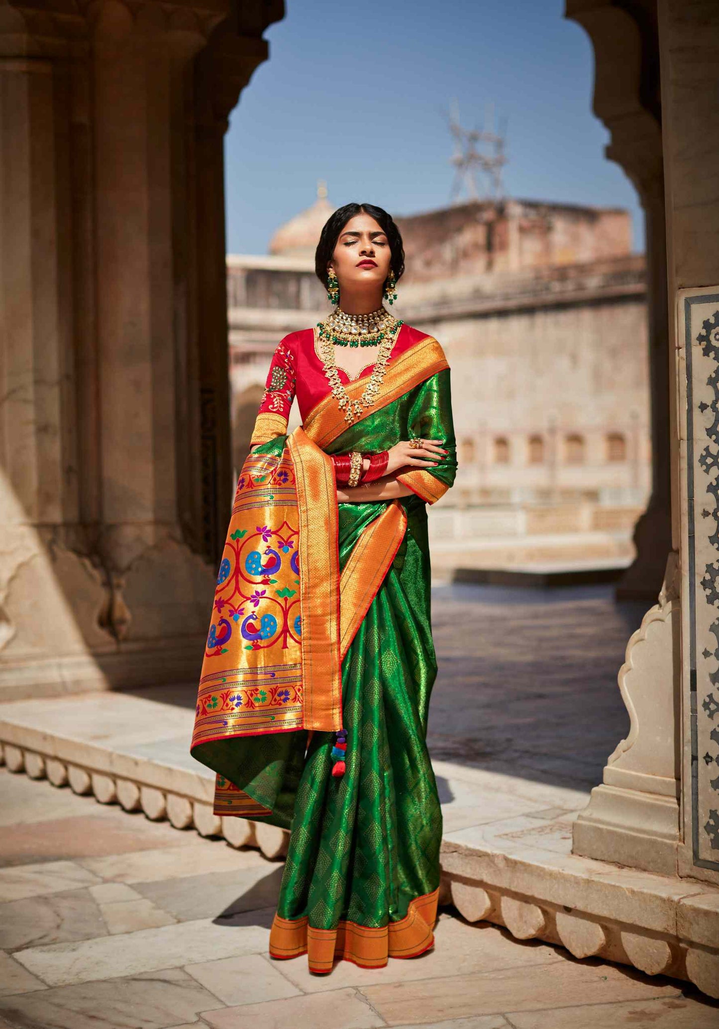 Emerald Green Silk Saree With Designer Blouse