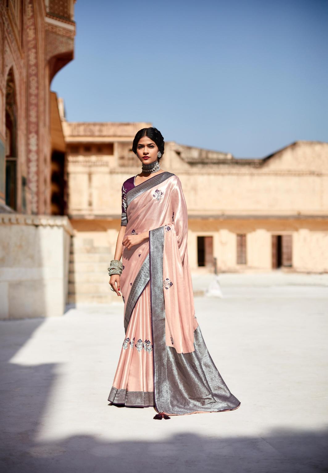 Peach & Grey Silk Saree With Designer Blouse