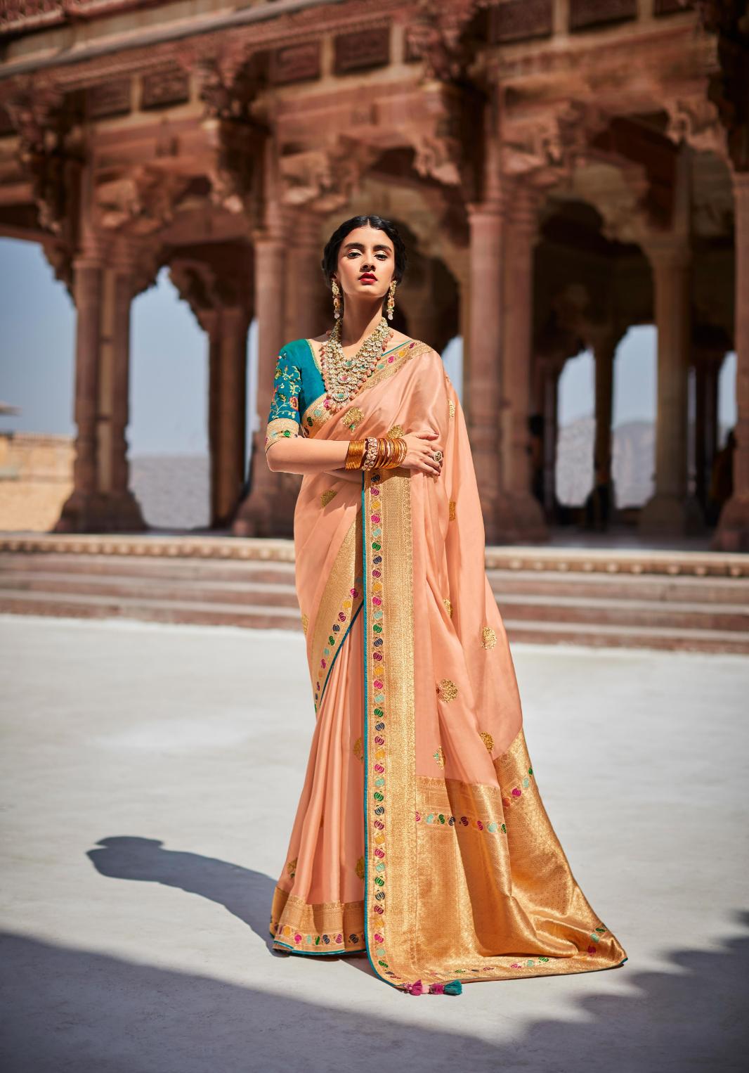 Apricot Peach Silk Saree With Designer Blouse