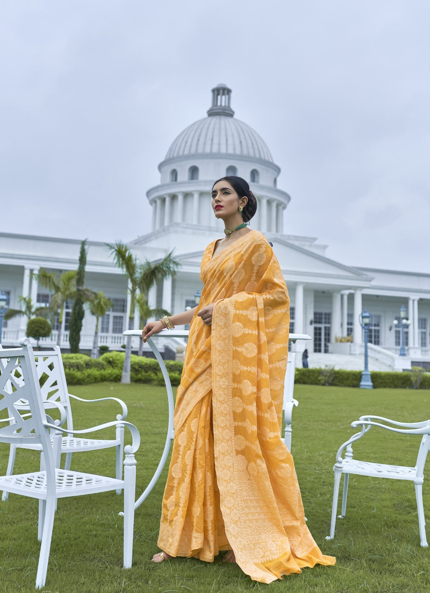 Amber Yellow Weaved Lucknowi Chikankari Saree