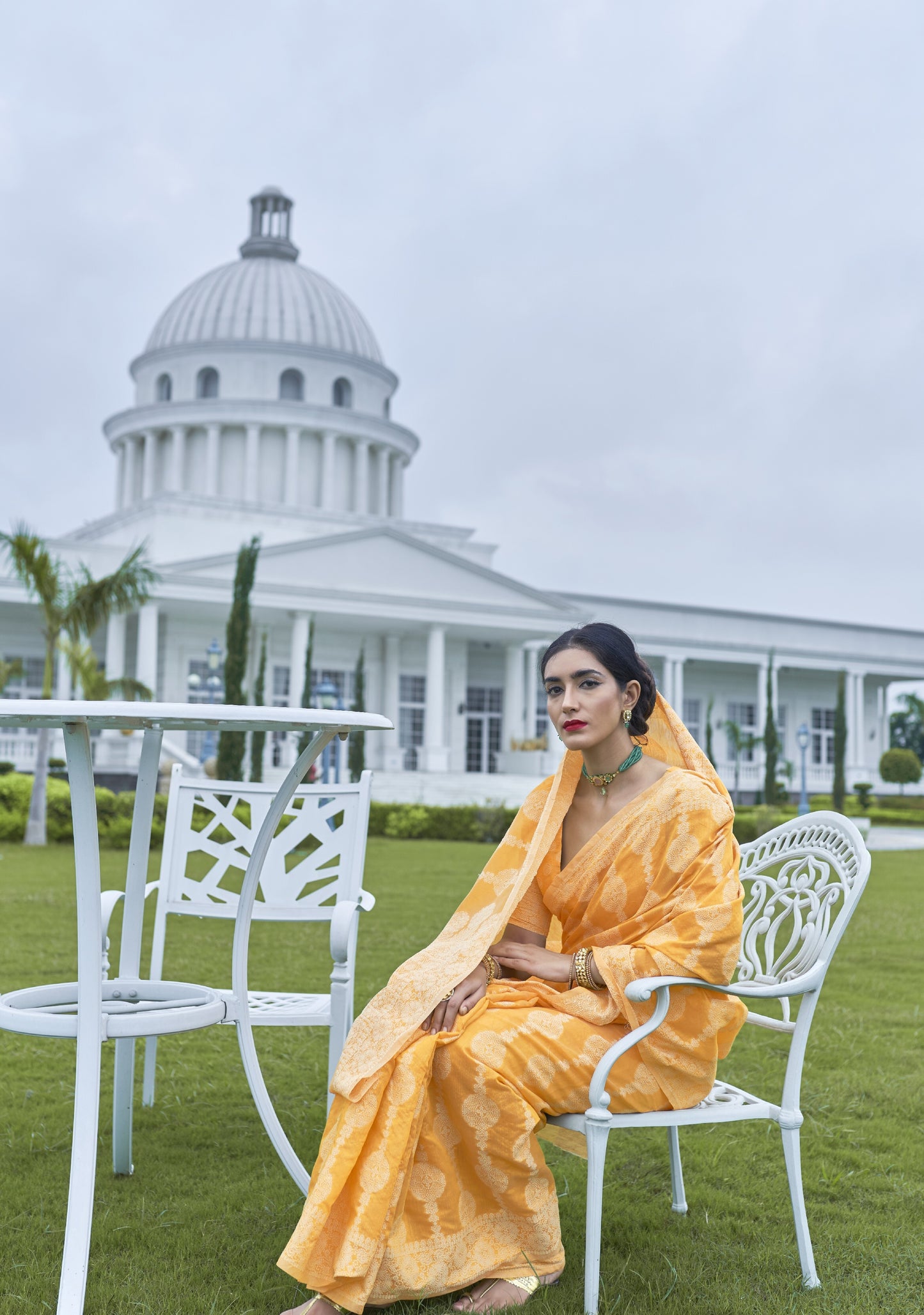 Amber Yellow Weaved Lucknowi Chikankari Saree