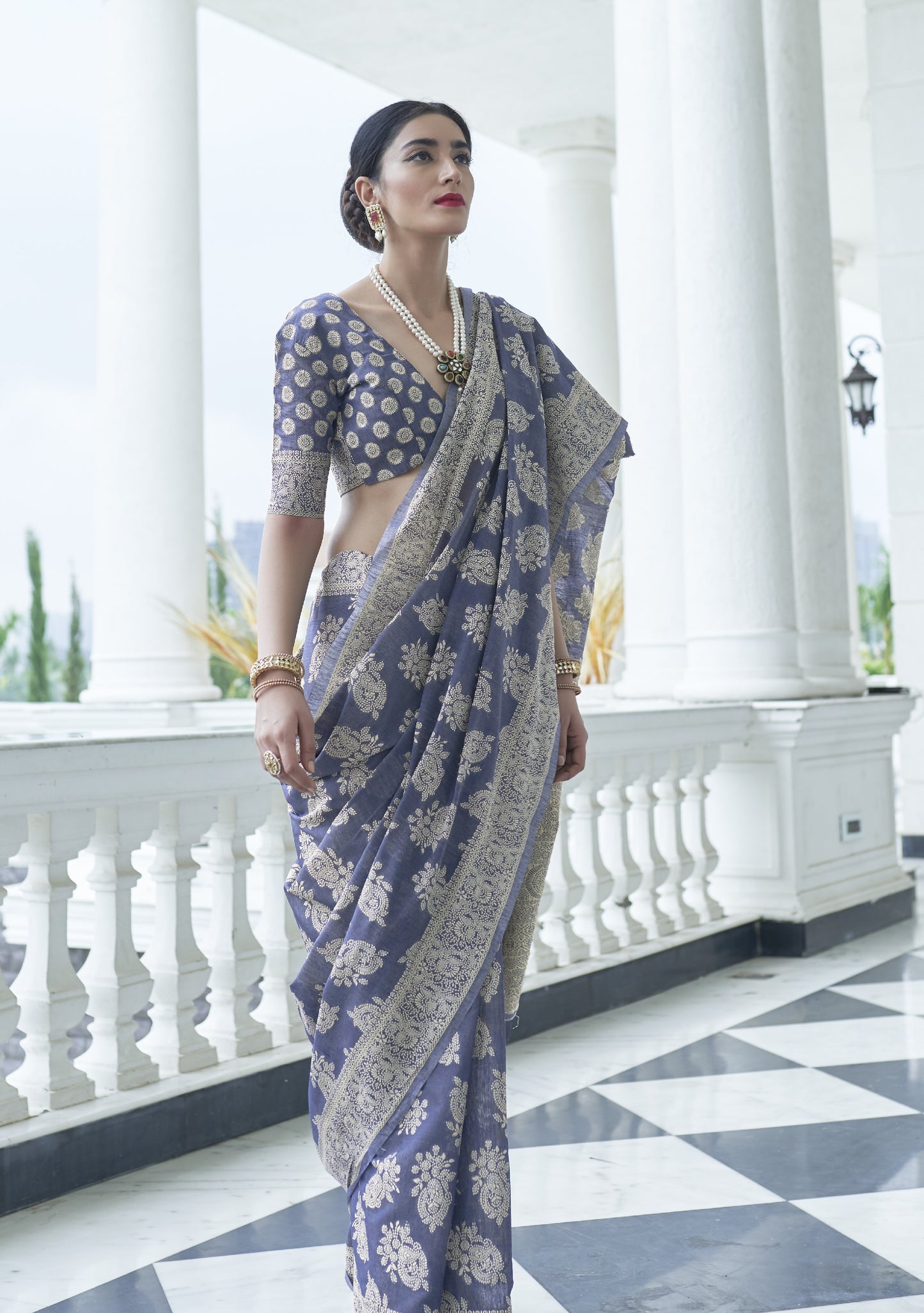 Bluish Grey Weaved Lucknowi Chikankari Saree