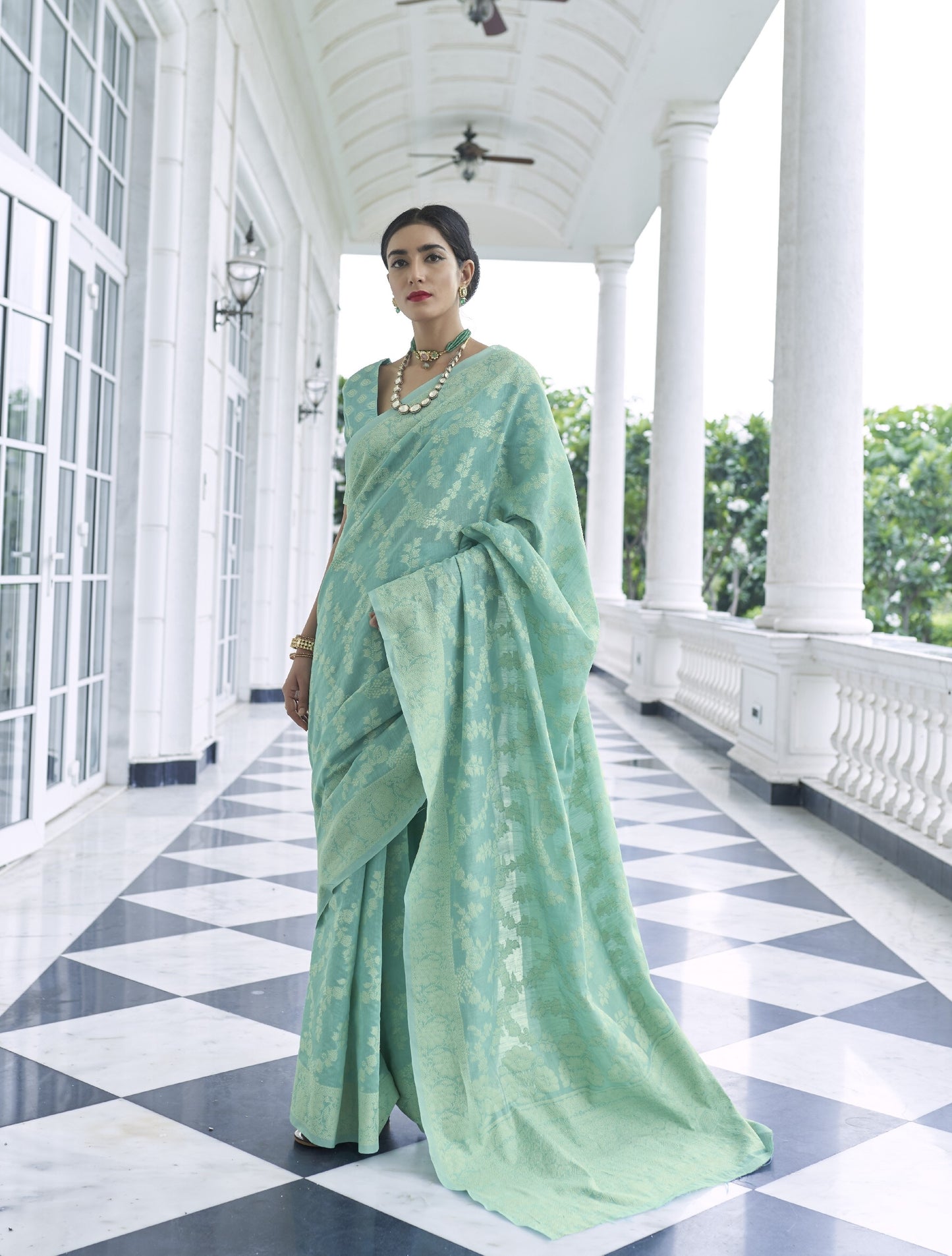 Sea Green Weaved Lucknowi Chikankari Saree