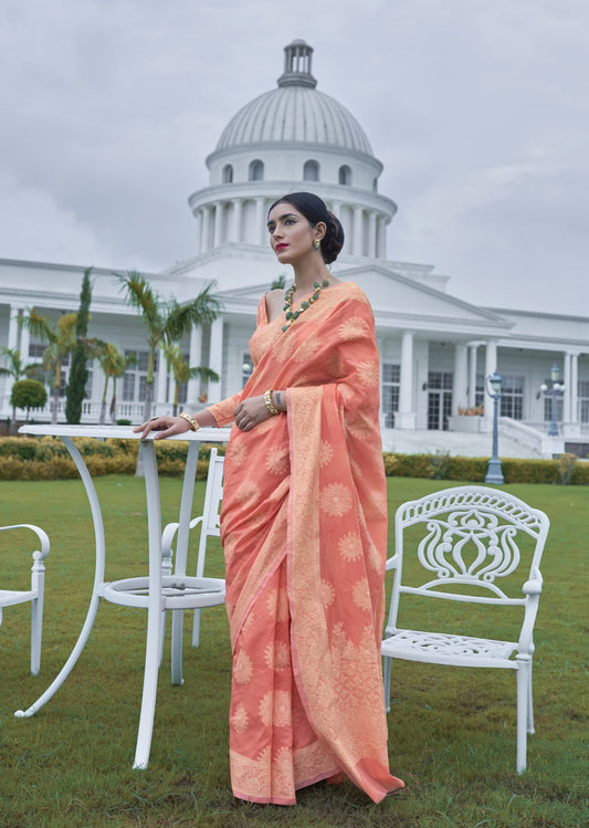 Apricot Peach Weaved Lucknowi Chikankari Saree