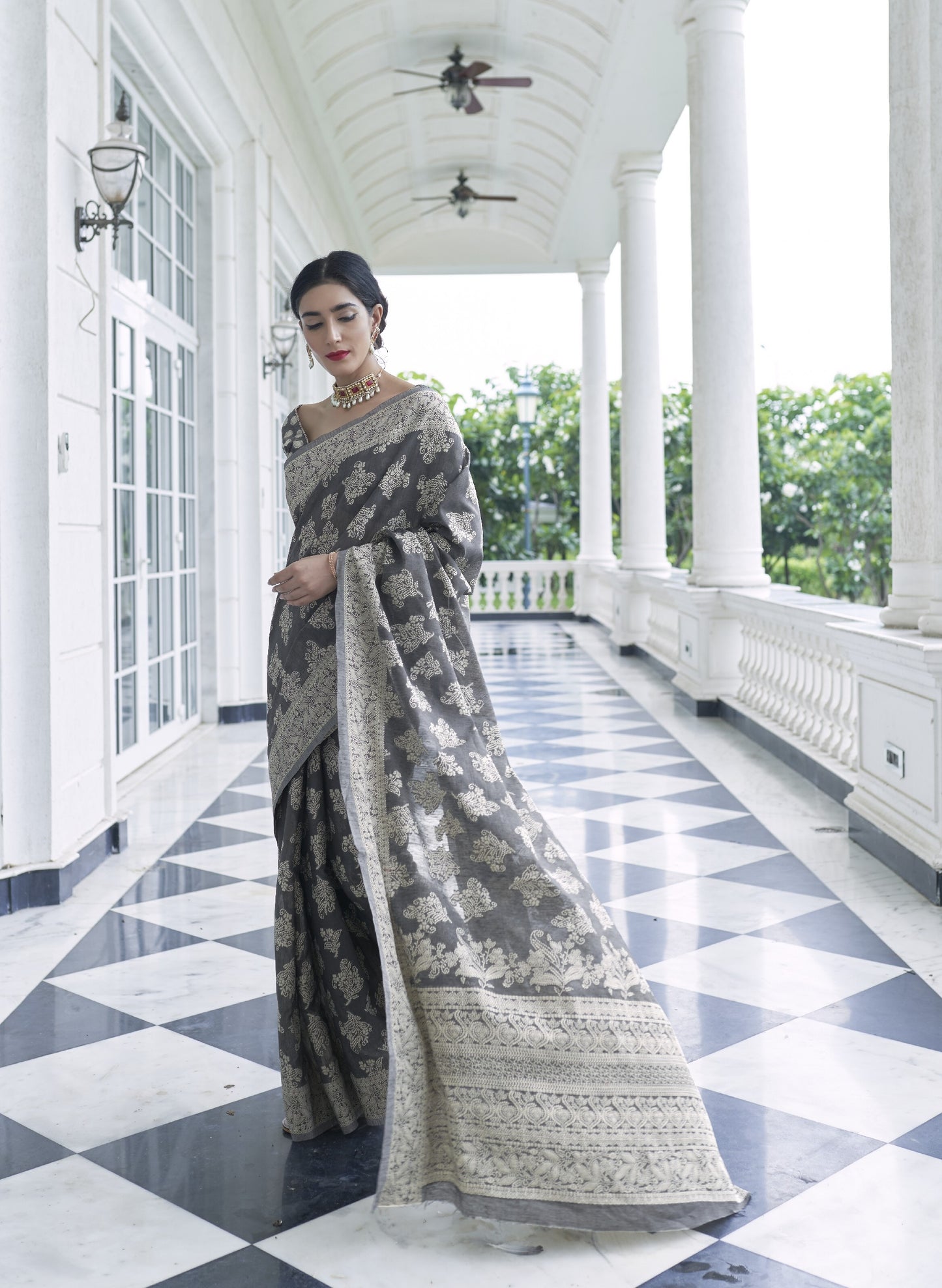 Ash Black Weaved Lucknowi Chikankari Saree