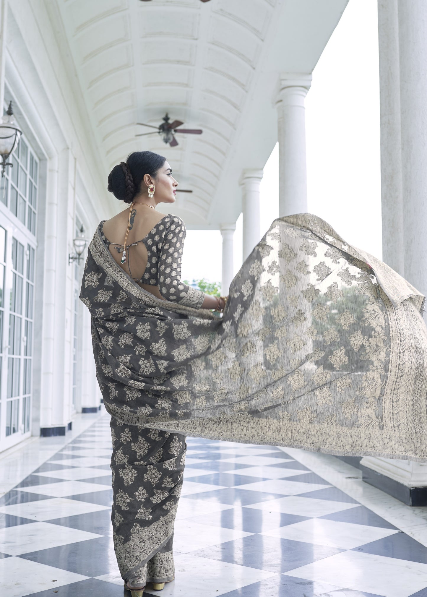 Ash Black Weaved Lucknowi Chikankari Saree