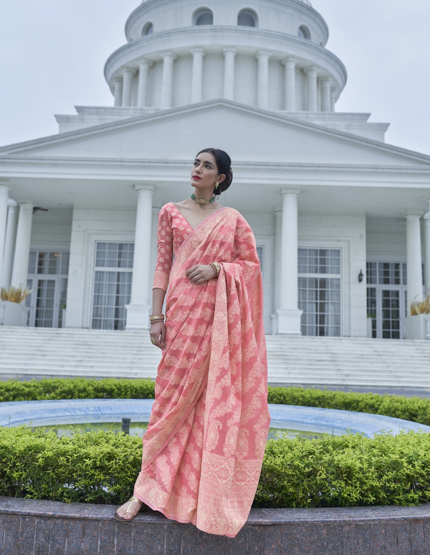 Flamingo Pink Weaved Lucknowi Chikankari Saree