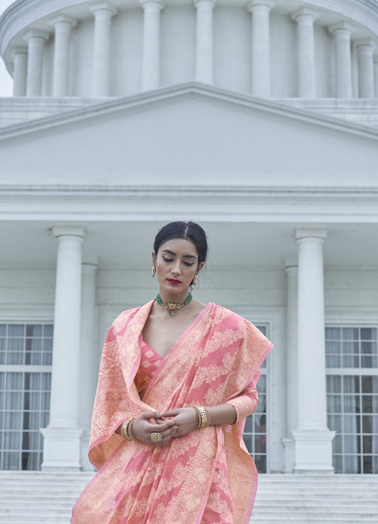 Flamingo Pink Weaved Lucknowi Chikankari Saree