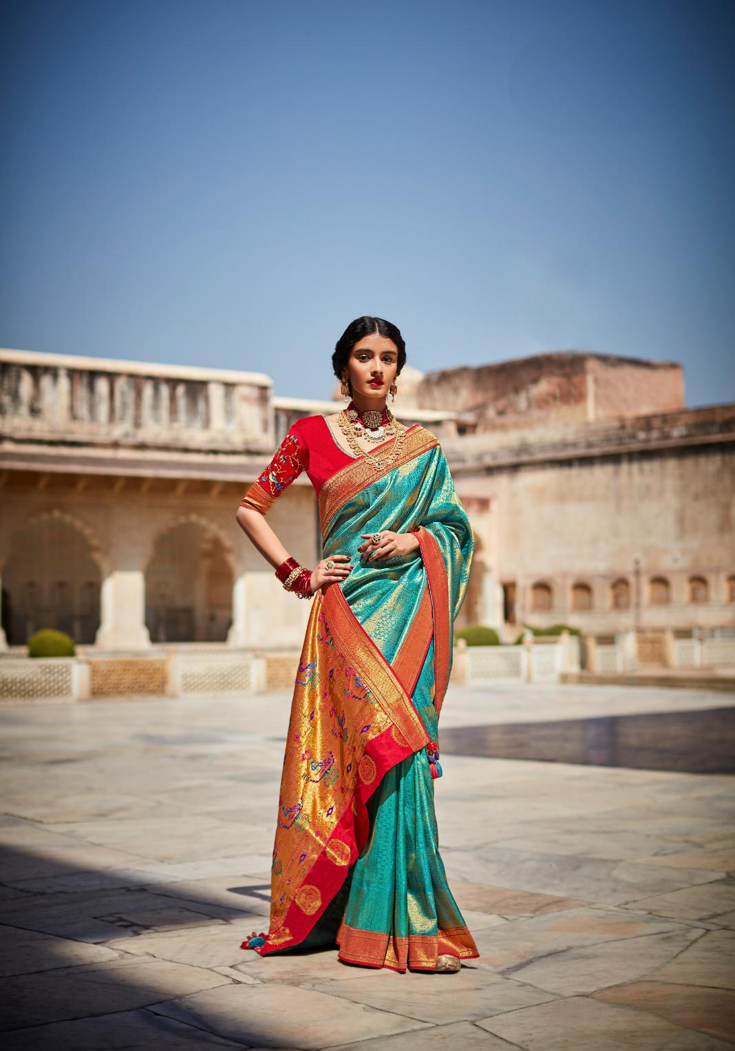 Planet Blue Brocade Woven Silk Saree With Designer Blouse