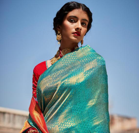 Planet Blue Brocade Woven Silk Saree With Designer Blouse