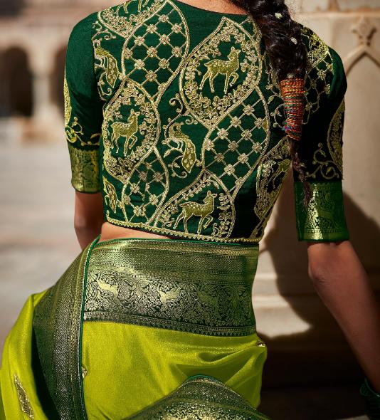 Moss Green Silk Saree With Designer Blouse