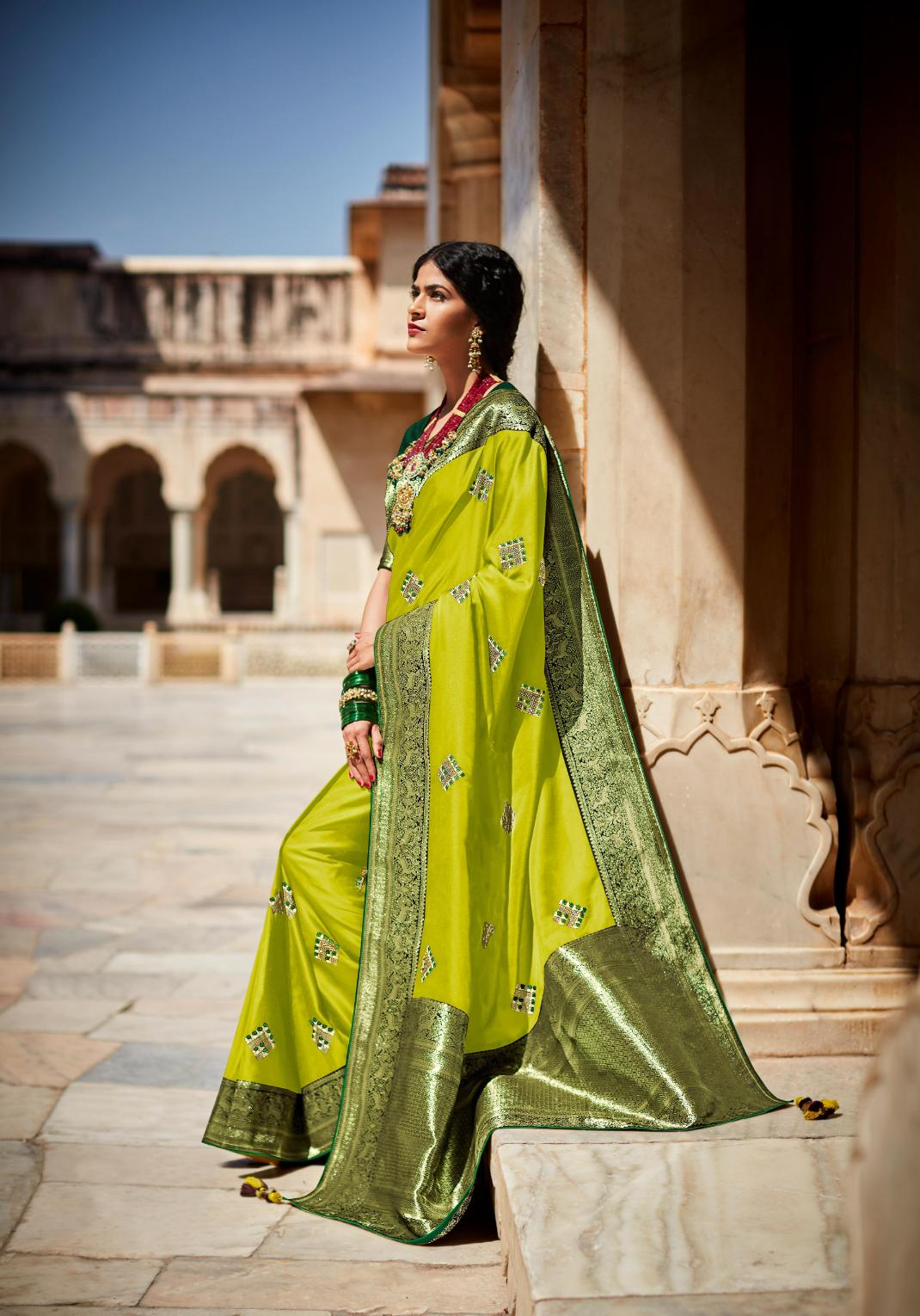Moss Green Silk Saree With Designer Blouse