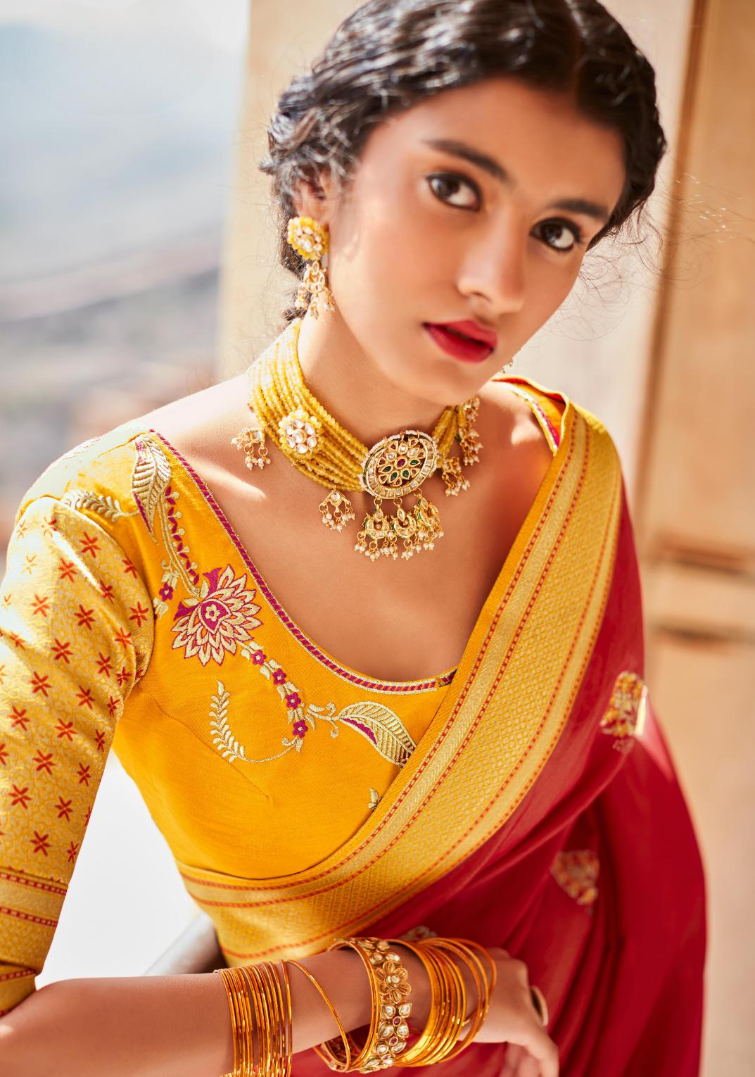 Brick Red Silk Saree With Designer Blouse