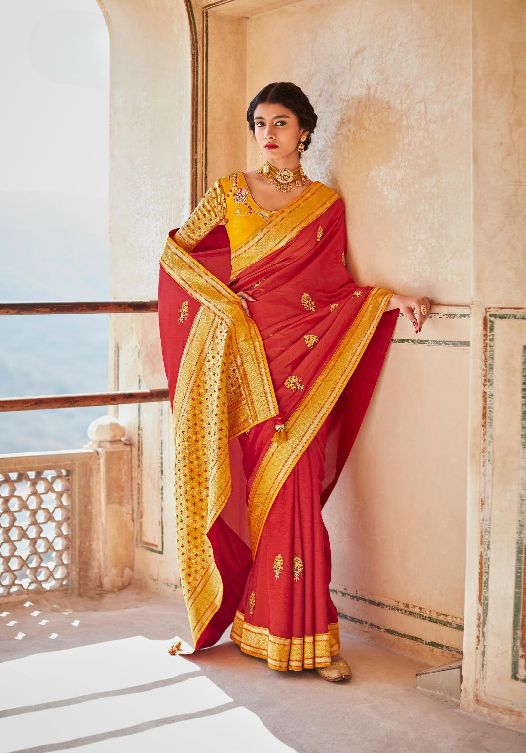 Brick Red Silk Saree With Designer Blouse