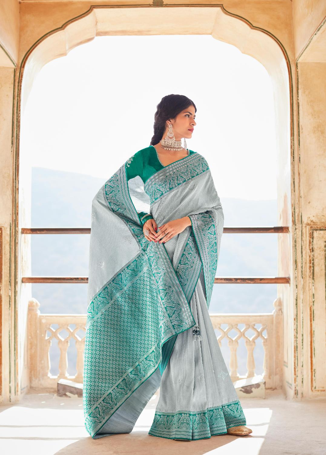 Seafoam Blue Silk Saree With Designer Blouse