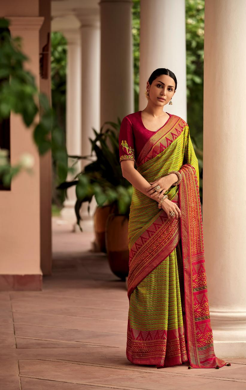 Parrot Green Striped Brasso Silk Saree With Embroidered Blouse